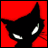Black cat silhouette with glowing white eyes on red background, six showing sequential eye and head position changes