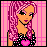 Pixelated character with pink hair and black-and-white polka-dot top, holding a pink heart against changing backgrounds
