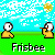 Pixelated character in yellow shirt on green field with blue sky, performing Frisbee-related actions across three of animation frames