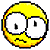 Two identical pixelated yellow circular faces with wide white eyes and downturned mouths, each showing a single black vertical pupil.