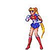 Pixel art of a character in a blue sailor uniform with red boots and yellow hair, shown in multiple poses including standing, bending, and emitting yellow energy waves.