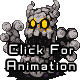 Pixel art of a gray, rocky creature with glowing yellow eyes and horn-like protrusions holding up text that reads "Click For Animation" on a light gray background.