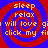 A static image with red and blue spiral patterns overlaid by yellow text reading sleep, relax, will love, click my, gi, fi.