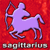 A 50x50 pixel animated contact sheet showing two frames of a Sagittarius zodiac icon with purple archer figure, red background, and text elements.