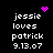 Pixelated text reads 'jessie loves patrick 9.13.07' with pink heart and starburst symbols on black background.
