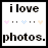 A static icon with text "i love photos." and heart symbols above the word "photos," alongside a pixelated image of a person lying down.
