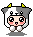Pixel art contact sheet of four animated frames showing a cow-costumed character with varying expressions and poses against gray background.