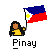 Pixelated figure with long dark hair holds a waving Philippine flag; text below reads 'Pinay' on gray background.