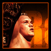 Pixelated close-up of a person with long light hair and a crown-like headpiece against an orange-toned background with ornate dark patterns.