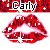 Red lips with white highlights and small white crosses on a white background, with 'Carly' text above in red and white pixelated style.