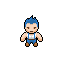 Pixel art character with blue spiky hair, brown eyes, and a neutral expression wearing white tank top over blue overalls and brown shoes on gray background.