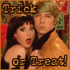 A static image of two people in a close pose with 'Trick or Treat!' text overlay, displayed in a