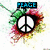A peace symbol icon with a rainbow-colored border and green leafy elements, featuring the word "PEACE" in blue text at the top.