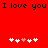 Red background with black text "I love you I love you" at top, two of white and pink pixelated hearts below