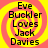 Yellow and pink spiral background with black text reading "Eve Buckler Loves Jack Davies" in four identical quadrants.