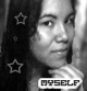 Black-and-white image of a person with long dark hair resting their chin on a hand, surrounded by star symbols and a text box reading 'MYSELF' in white.