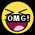 Yellow emoji face with squinted eyes and open mouth, displaying text overlays across its mouth area.