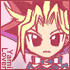Animated chibi-style character with yellow hair and red star-shaped headpiece showing sequential eye expressions on pink background.