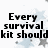 Pixelated text reads "Every survival kit should include a sense of humor" over light blue and gray star shapes on white background.