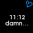 Blue pixelated heart symbol above white digital time and text on black background.