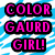 Pixelated text reads "COLOR GAURD GIRL!" in bright pink letters with black outlines against a blue and white pixelated background.