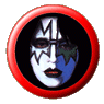 Four circular icons with red borders display stylized faces against black backgrounds, each featuring distinct makeup patterns and color schemes.