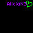 Pixelated purple text 'AliciaK3' with a green heart symbol replacing the 'K' on the left side, and identical text on the right side against a black background.