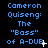 Blue pixelated text on black background reads "Cameron Quiseng: The 'Bass' of A-DUB" with small white star-like symbols scattered across the text.