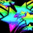 A vibrant, pixelated star-shaped icon with shifting rainbow colors against a black background.