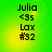 Green background with yellow gradient center displaying black text: 'Julia', '<3s', 'Lax', '#32' in four identical quadrants.