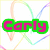 Green rectangular banner with pink text reading 'Carly' over a white background with pastel rainbow lines forming a heart shape.