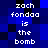 Pixelated text on a blue and black checkered background reads 'zach fondaa is the bomb' in white block letters.