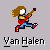 Pixel art icons of musicians playing guitars with motion trails, labeled Van Halen, Bob Marley, Jimi Hendrix, and Guitar GODS on gray background.