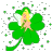 Animated pixel art of a blonde fairy with white wings sitting on a green four-leaf clover, surrounded by scattered green squares.