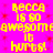 Yellow pixelated text on a bright pink background with red speckles, repeating 'Becca is so awesome it hurts!' in four identical