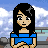Pixelated cartoon-style icon of a woman with long black hair wearing a blue off-shoulder top against a sky background with clouds and distant structures.