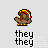 Pixel art character with brown skin and red-yellow-black headgear performing sequential actions above "they they" text on gray background.