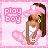 Pixel art contact sheet showing two frames of an animated buddy icon featuring a cartoon woman with long brown hair wearing a pink cap and white tank top, standing against a pink background with "play boy" text in the corner.