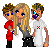 Three pixelated characters stand side-by-side; left character wears red outfit, middle has long blonde hair and gray top, right wears white shirt with red X. Red text reads 'bring it on!' to the right.