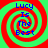 Four identical spiral patterns with red and green concentric rings and blue text reading "Lucy Is The Best" arranged in a on a solid green background