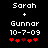 Pixelated text displays 'Sarah + Gunnar 10-7-09' with red heart symbols below, showing animation change in heart positions.
