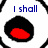 A pixelated cartoon face with three black oval eyes, red pupils, and blue text reading "I shall eat you.." above and "'munch'" below.