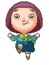 Pixel art character with purple bob hair, teal top, dark blue skirt, white socks, and brown shoes in six poses showing varied facial expressions and limb positions.