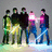 Group of stylized figures in dark and bright clothing standing together with one figure extending a hand, set against light background.
