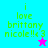 Four quadrant with cyan, purple, magenta, and blue backgrounds displaying green text 'i love brittany nicole!!<3' and pixelated stars in bottom-right corners