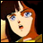 Pixelated anime-style character with red hair and blue eyes, mouth open in surprise, next to stylized text on black background.