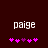 Pixelated text 'paige' in white lowercase letters on dark red background with two of pink and purple plus signs below