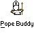 Pixelated icon of a figure in white robes with black trim holding a golden staff, standing above text reading "Pope Buddy" on gray background.