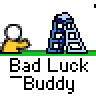Animated contact sheet showing 14 sequential frames of a pixel art character performing actions with objects against gray and yellow backgrounds, labeled "Bad Luck Buddy" text below each frame.