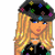 Pixelated cartoon woman in black outfit with colorful dots, holding yellow handbag, wearing matching hat and thigh-high boots.